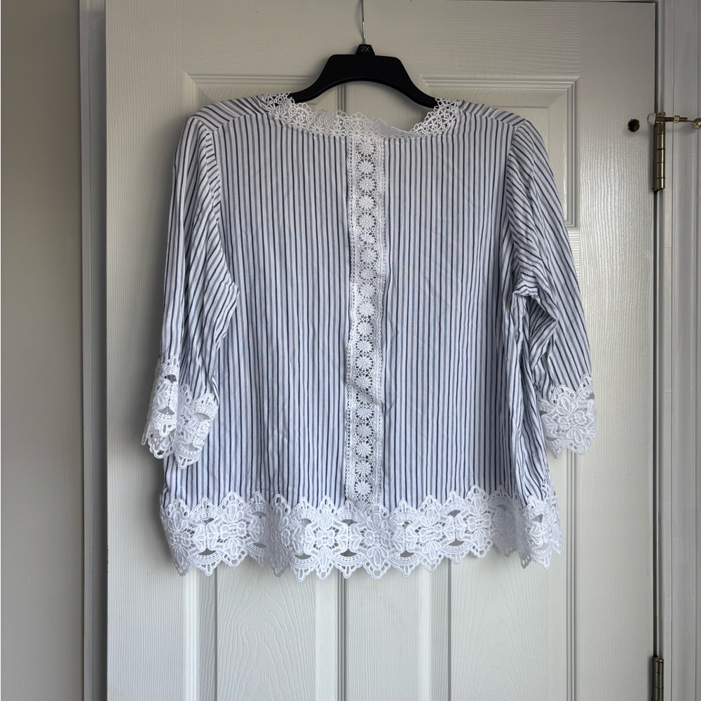 Philosophy Blue and White Striped Blouse with Lace - Picture 3 of 3